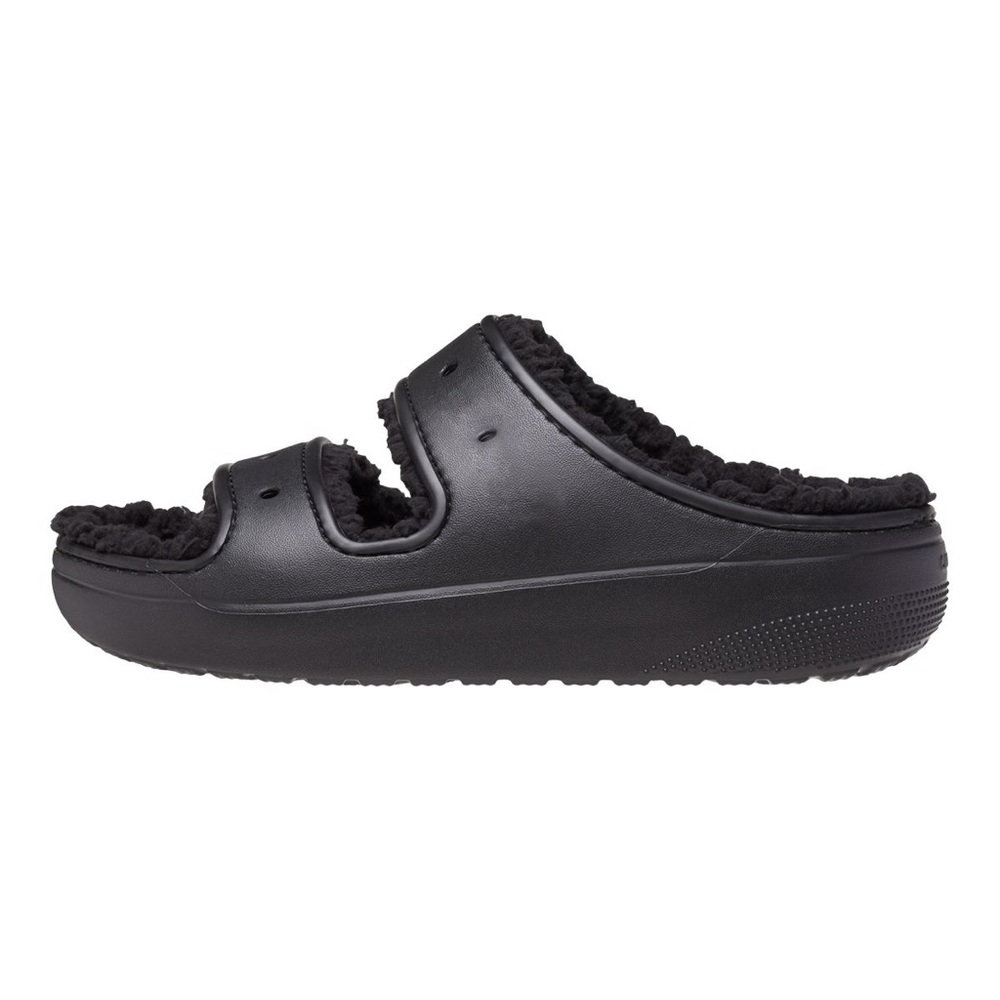 Black fuzzy croc sandals